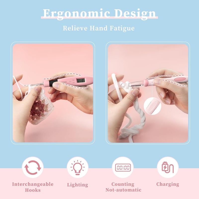 INMAKER Light up Crochet Hook Set, 18in1 Lighted Crochet Hook with Counter, Crochet Needles Gifts for Beginners, Arthritic Hands(2.0-14.0mm) - Image 4